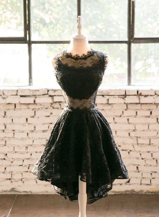 Black Homecoming Dresses Aubree Lace High Low Round Neckline Party Dress Black CD24096