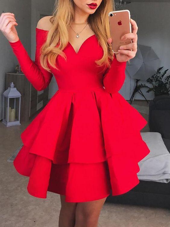 A-Line Crew Neck Long Sleeves Short Red Tiered Homecoming Dresses Hazel CD240