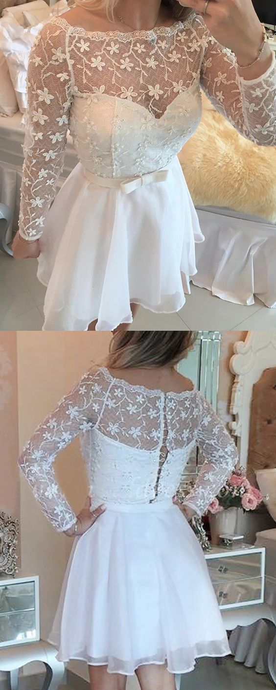 A-Line Bateau Long Sleeves Short Homecoming Dresses Aurora Lace With Sash CD24255