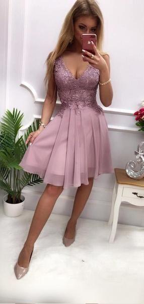 Dusty Homecoming Dresses A Line Lace Lindsay Chiffon Purple V Neck Applique Short CD24278