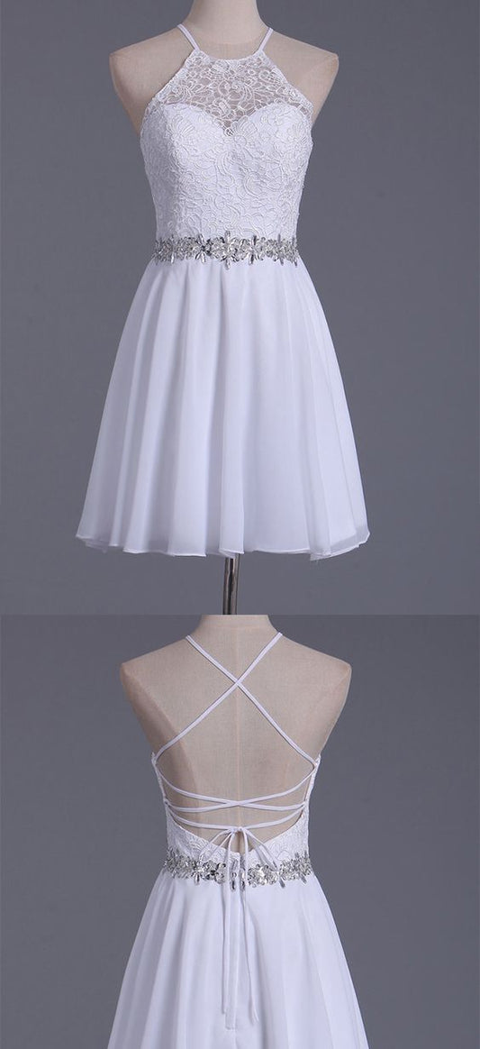 Chiffon Homecoming Dresses A Line Lace Ireland 2024 White Halter & Short/Mini Dress CD243