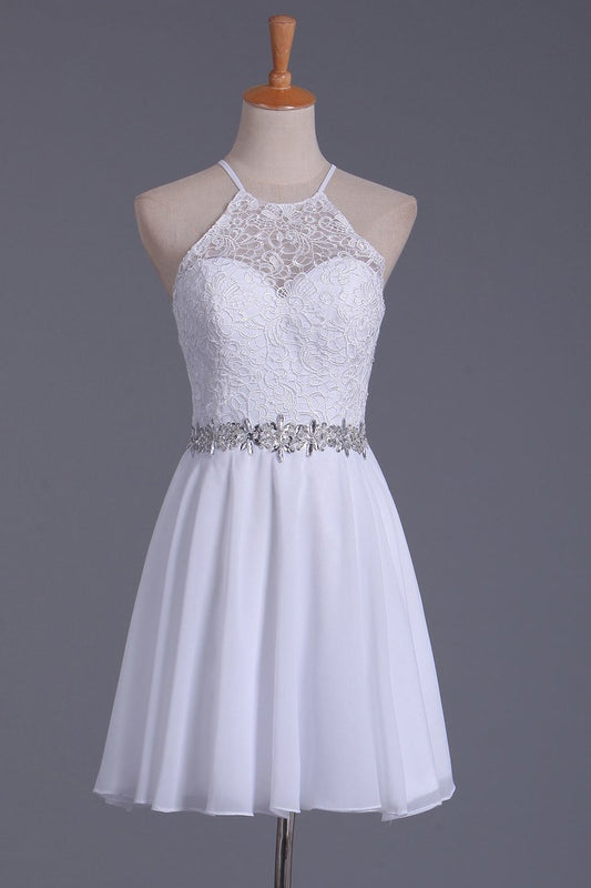 Chiffon Homecoming Dresses A Line Lace Ireland 2024 White Halter & Short/Mini Dress CD243