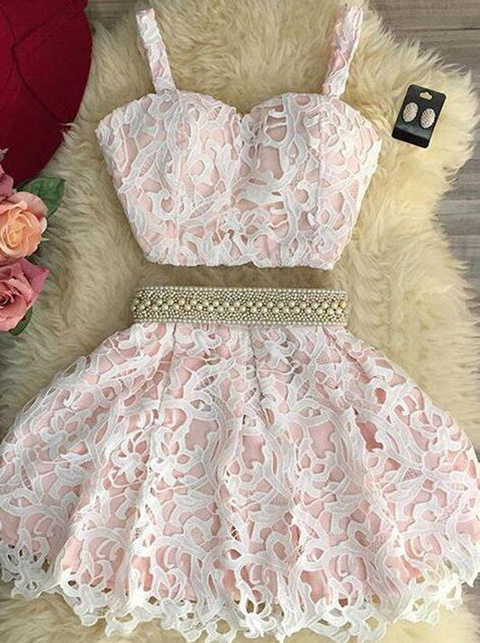 Cute Lace Pink Two Pieces Whitney Homecoming Dresses Short CD244