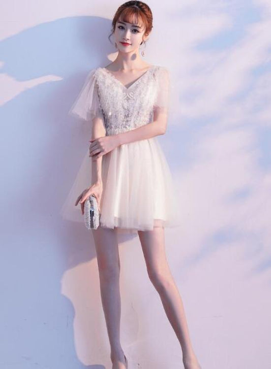 Short Lovely Tulle Lace Ivory Jean Homecoming Dresses And Mini Short Party Dress Graduation Dress DH24555