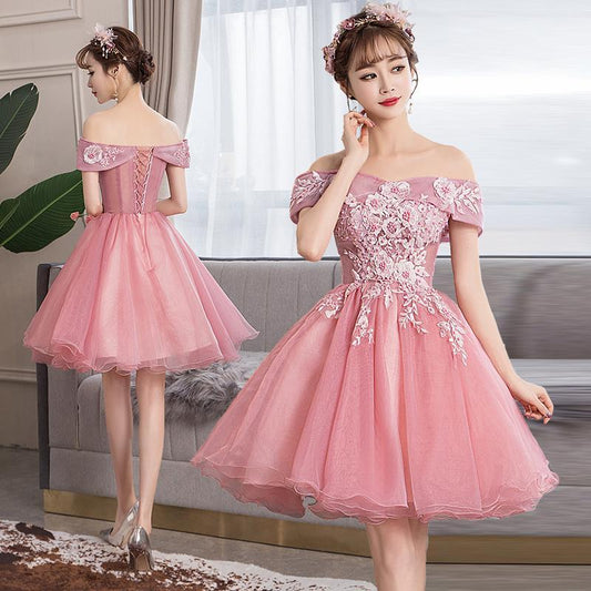 Lace Homecoming Dresses Patti Pink Lovely Applique Off Shoulder Cute Party Dress Short Formal Dress DH24556