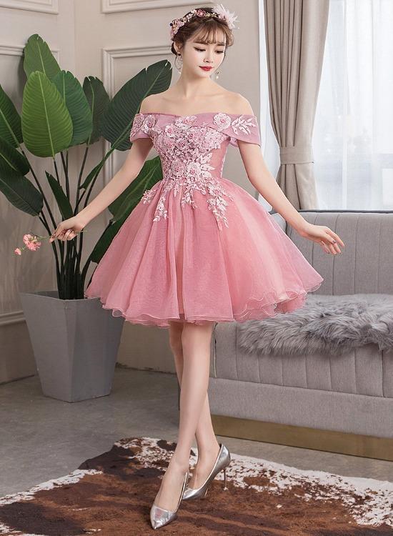 Lace Homecoming Dresses Patti Pink Lovely Applique Off Shoulder Cute Party Dress Short Formal Dress DH24556