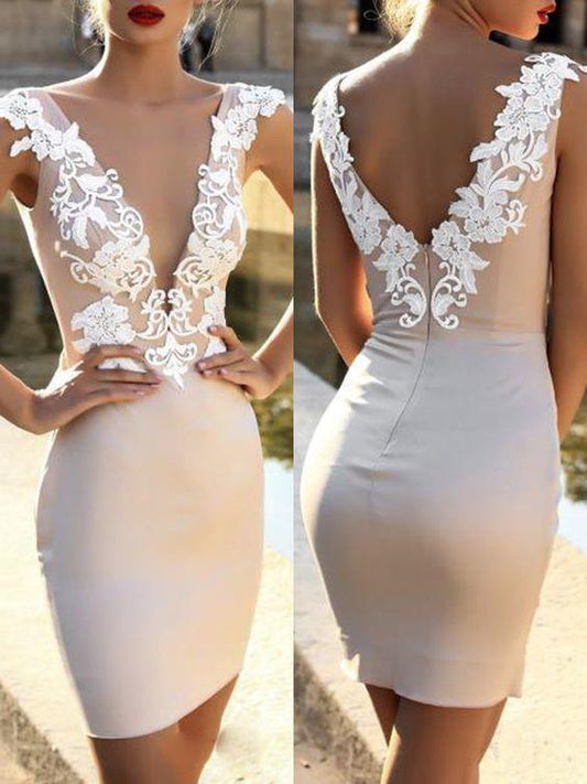 Lace Homecoming Dresses Chloe White Patchwork Zipper Backless Bodycon Deep V-Neck Elegant Mini Dress DH24588