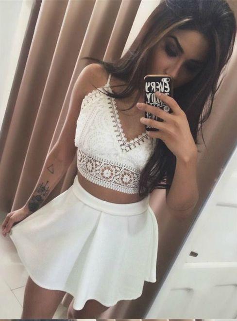 White Two Piece Spaghetti Straps Short Homecoming Dresses Lace Teagan CD24635