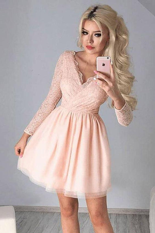 A-Line V-Neck Tulle Abbigail Pink Homecoming Dresses Lace Long Sleeves Tulle With DH24663