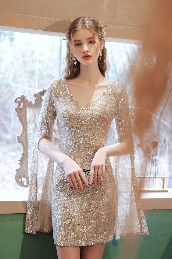 Tight Gold Sequins Party Dress With Homecoming Dresses Lizeth Flare Long Sleeves CD24696