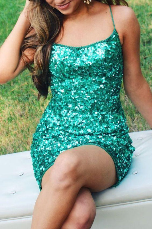 Glitter Green Sequins Tight Mini With Homecoming Dresses Lace Aleena Spaghetti Straps And Up Back DH24715