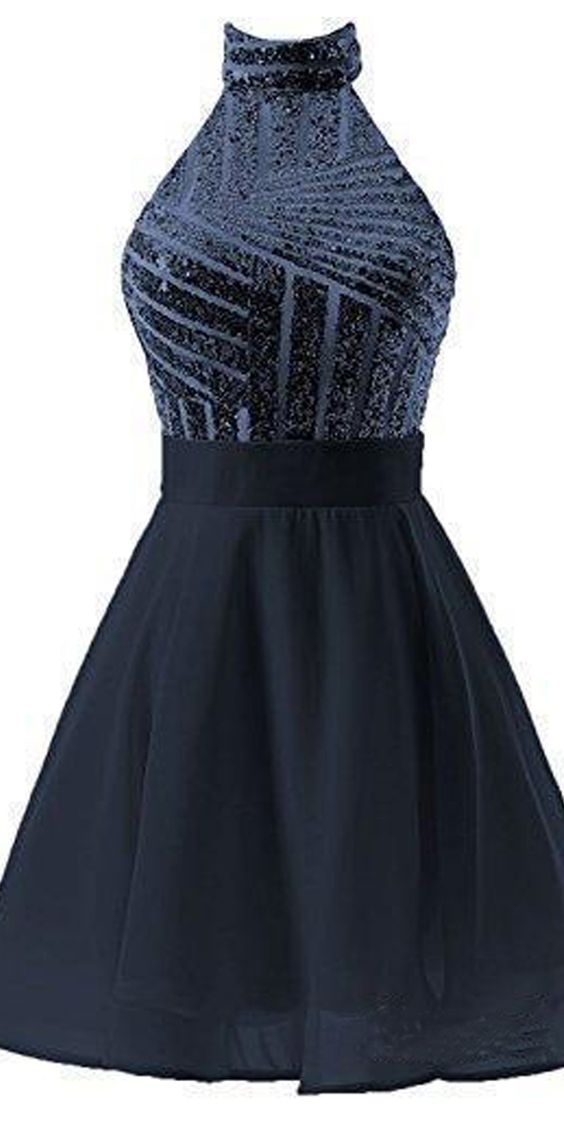 A-Line Halter Short Homecoming Dresses Chiffon Pink Samantha Cocktail Dress With Sequins CD2479