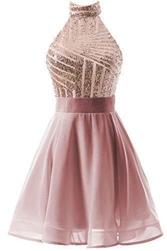 A-Line Halter Short Homecoming Dresses Chiffon Pink Samantha Cocktail Dress With Sequins CD2479