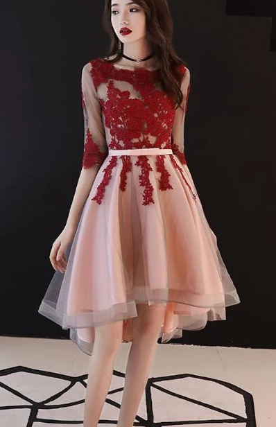 Lace Iris Homecoming Dresses Beautiful 1/2 Sleeves High Low Red Party Dress Short DH2507