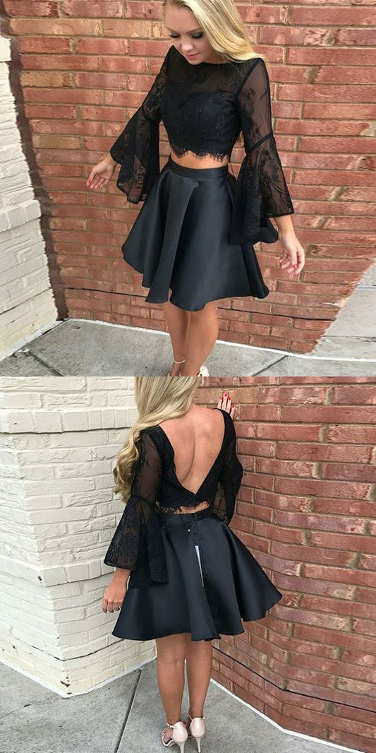 Two Piece Black Short 2 Piece Bell Sleeves Homecoming Dresses Dayana CD254