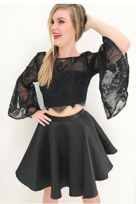 Two Piece Black Short 2 Piece Bell Sleeves Homecoming Dresses Dayana CD254