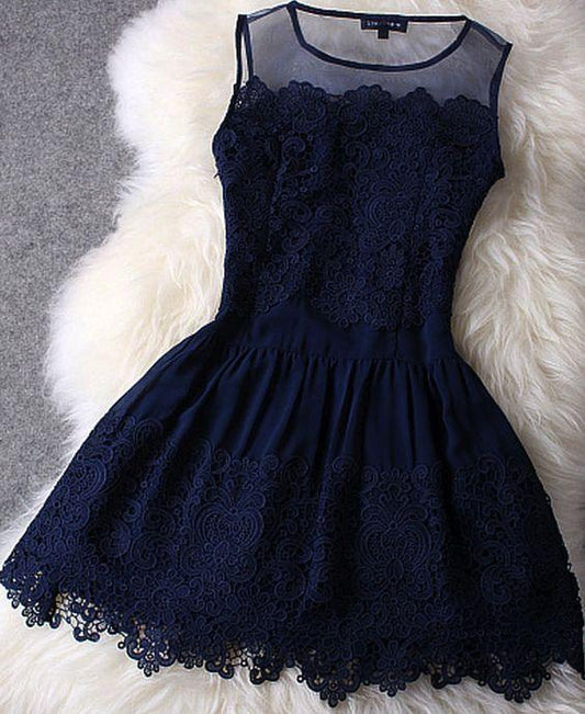 Dark Navy Blue Simple Princesses Homecoming Dresses Lace Alicia Dress Casual Short Dress CD2558