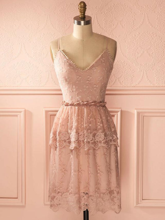 A-Line Lace Pink Anabella Homecoming Dresses Short Dress Spaghetti Straps Short Dresses Cheap DH2561