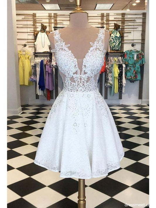 V Neck Open Back White Short Kaleigh Lace A Line Homecoming Dresses With Beading CD2570