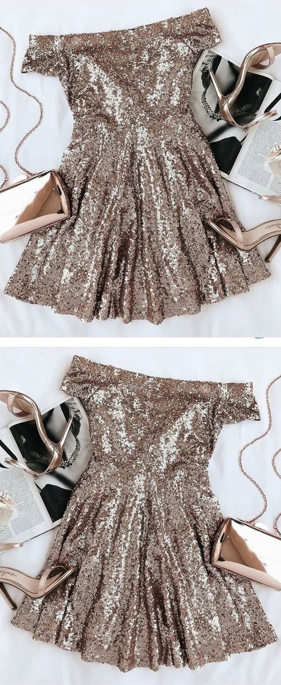 Stunning Gold Seuqins Off The Saniya Homecoming Dresses Cocktail Shoulder Party Dresses Short Sleeves CD2587