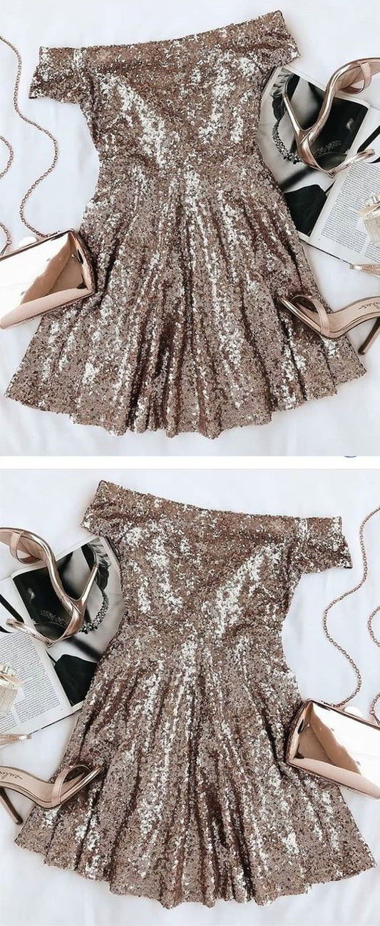 Stunning Gold Seuqins Off The Saniya Homecoming Dresses Cocktail Shoulder Party Dresses Short Sleeves CD2587