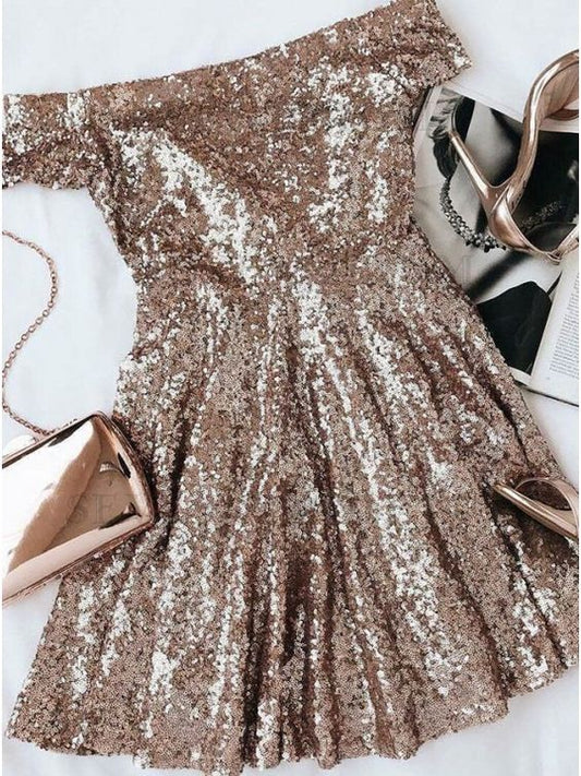 Stunning Gold Seuqins Off The Saniya Homecoming Dresses Cocktail Shoulder Party Dresses Short Sleeves CD2587