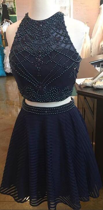 Two Piece Homecoming Dresses Maritza Short Navy Blue Beads CD2609