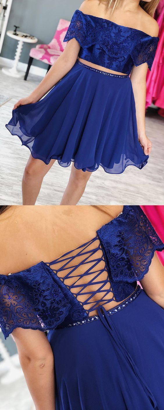 Cute Tow Piece Off The Shoulder Short With Fernanda Chiffon Homecoming Dresses Royal Blue Lace A Line Beading DH2688