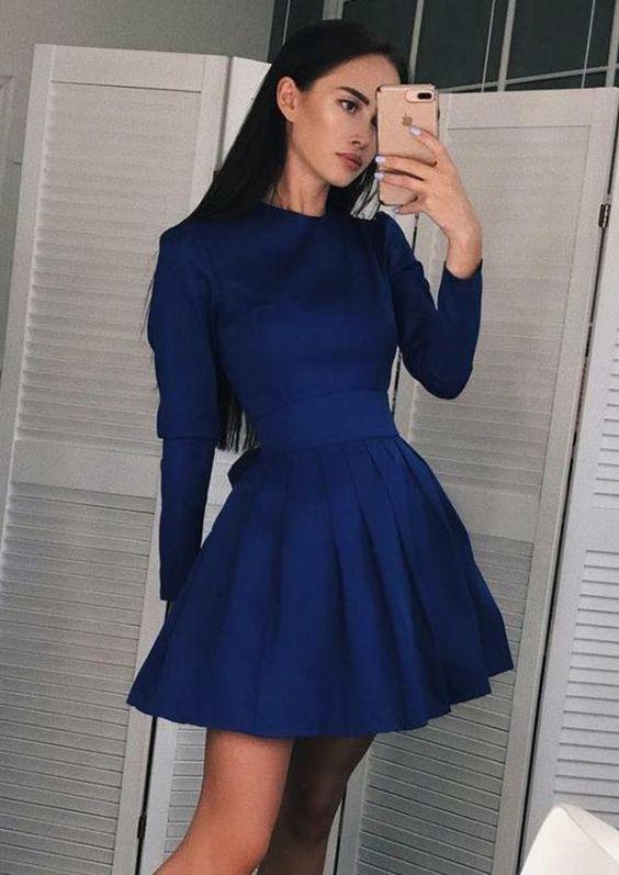 Dress Pam Royal Blue Homecoming Dresses Stain Long Sleeves Dresses Pleated CD2695