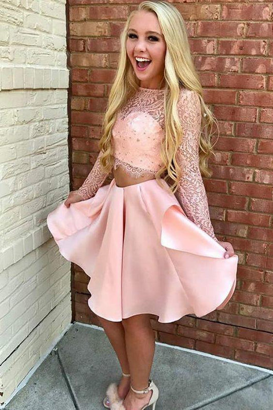 Two Piece Jewel Long Sleeves Short Pink Lace Homecoming Dresses Celeste With Party Dress DH2728