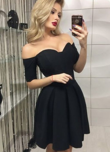 Elyse Homecoming Dresses Cocktail A-Line Off-The-Shoulder Short Sleeves Black Dress CD2799