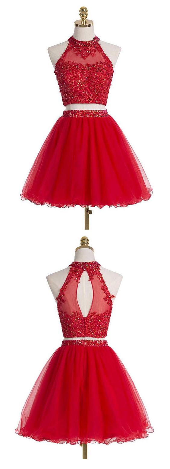 Two-Piece Scoop Short Red Organza Lacey Homecoming Dresses Beaded With Appliques Sequins CD283