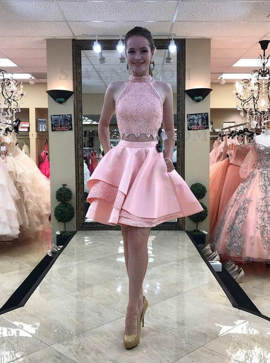 Two Piece High Neck Above-Knee Homecoming Dresses Pink Clare Lace With Pockets CD2832