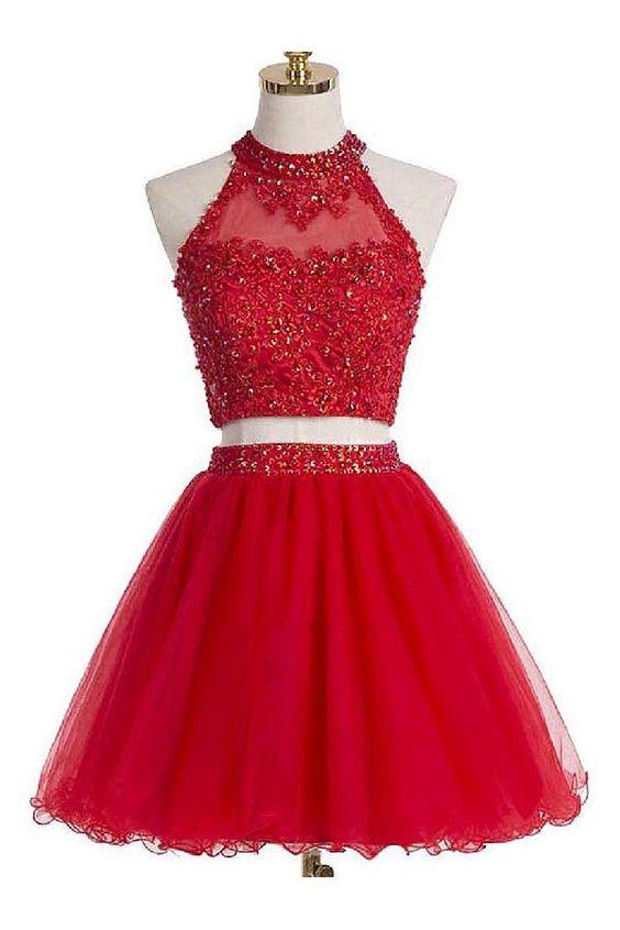 Two-Piece Scoop Short Red Organza Lacey Homecoming Dresses Beaded With Appliques Sequins CD283