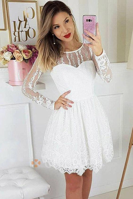 A-Line Round Neck Long Sleeves Lace Homecoming Dresses Mariah White Short Party Dress CD3017