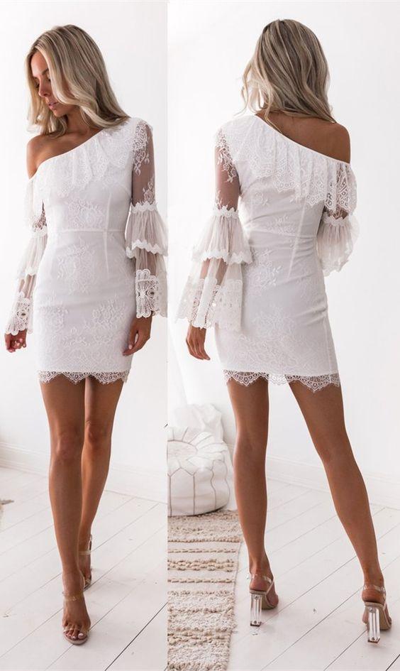 Sheath One Shoulder Long Sleeves White With Ruffles Homecoming Dresses Katrina Lace CD3068