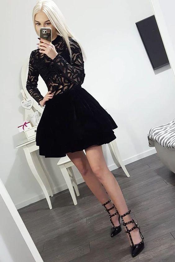 Homecoming Dresses Paulina Long Sleeve Black High Neck Above Knee CD3130