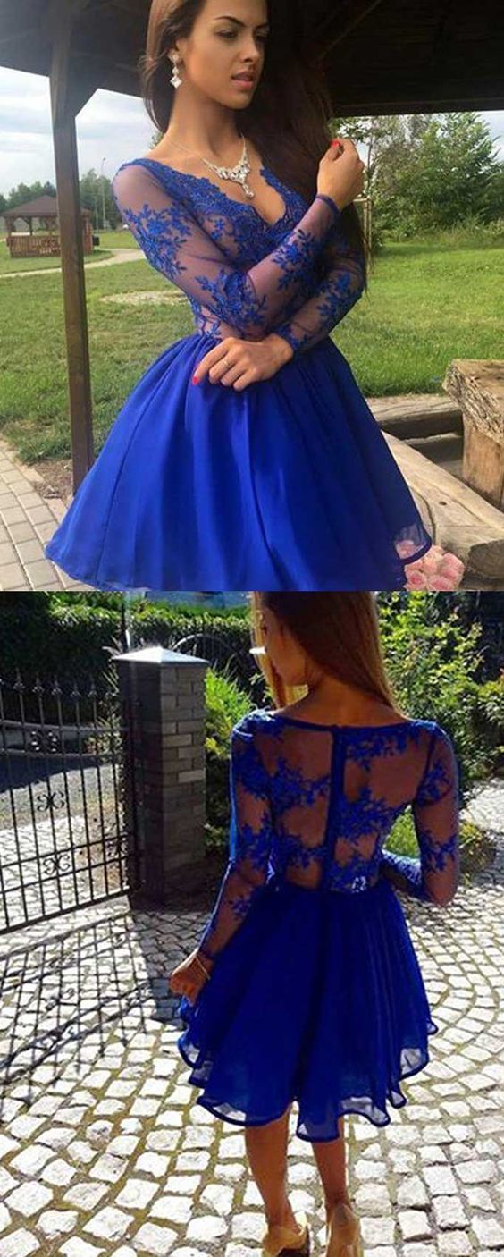 Long Sleeves Dresses Short Short Jaycee Homecoming Dresses Lace Royal Blue CD314