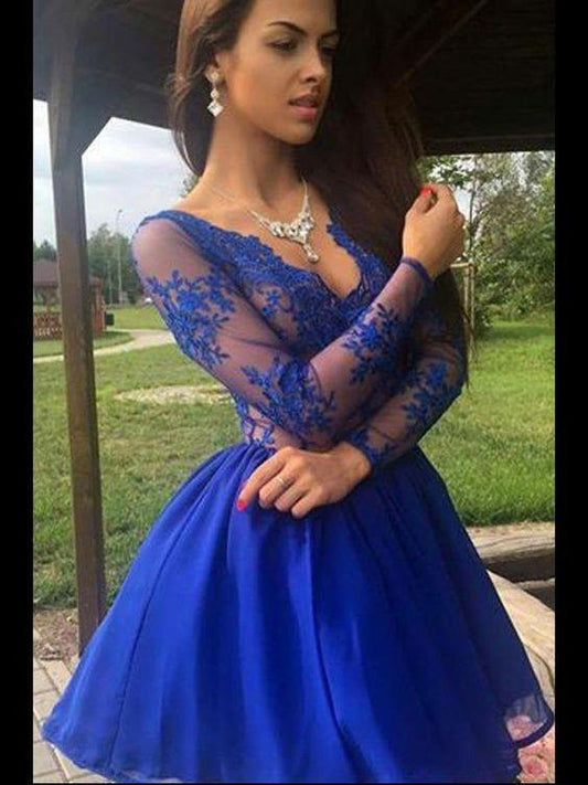 Long Sleeves Dresses Short Short Jaycee Homecoming Dresses Lace Royal Blue CD314