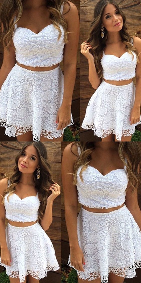 Two Piece Lace Homecoming Dresses Cocktail Adyson Straps Short White Dress Cheap CD319