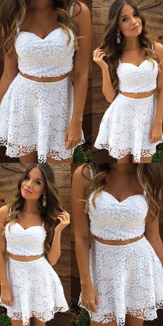 Two Piece Lace Homecoming Dresses Cocktail Adyson Straps Short White Dress Cheap CD319