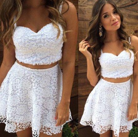 Two Piece Lace Homecoming Dresses Cocktail Adyson Straps Short White Dress Cheap CD319