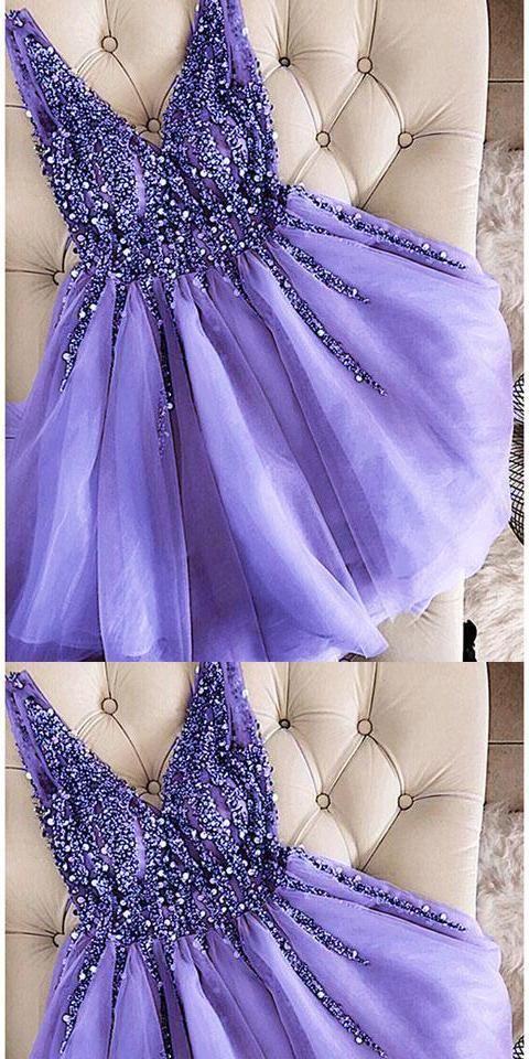 V-Neck Beaded Helga Cocktail Homecoming Dresses Short Lavender Custom Made Cute Party Dress DH3297