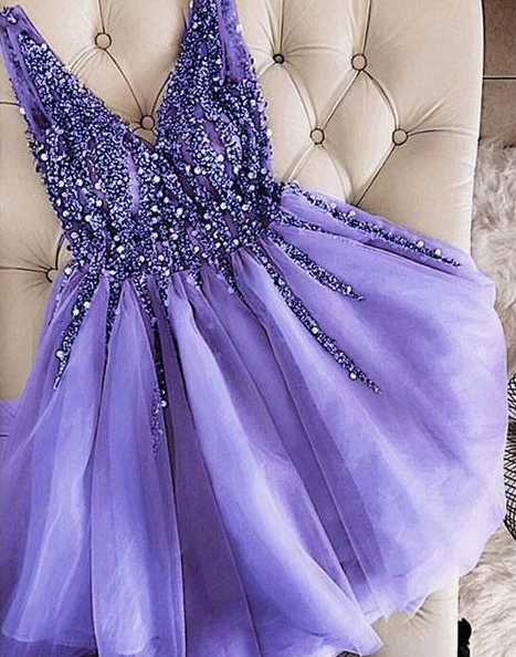 V-Neck Beaded Helga Cocktail Homecoming Dresses Short Lavender Custom Made Cute Party Dress DH3297