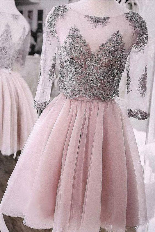 Short Dress Cute Leslie Two Pieces Lace Homecoming Dresses Cocktail Tulle Dresses CD3298