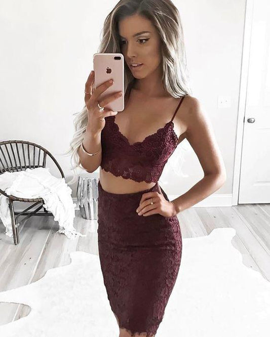 Two Piece Burgundy Spaghetti Prudence Homecoming Dresses Lace Straps Tight CD3319