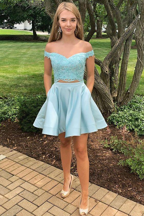 Two Piece Shiloh Homecoming Dresses Off-The-Shoulder Blue With Appliques CD3341