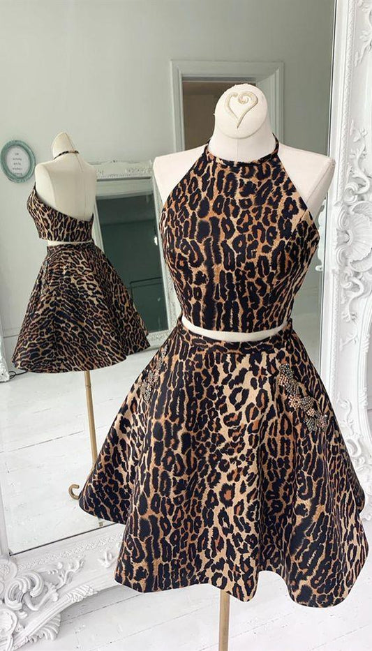 Backless Leopard Short Two Pieces Daniella Homecoming Dresses A Line With Pockets CD3431