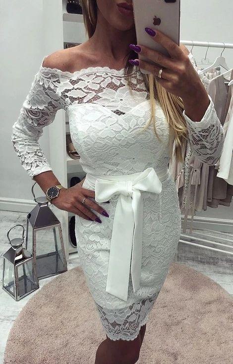 Sheath Off-The-Shoulder Makenna Lace Homecoming Dresses Long Sleeves Above-Knee White CD3499