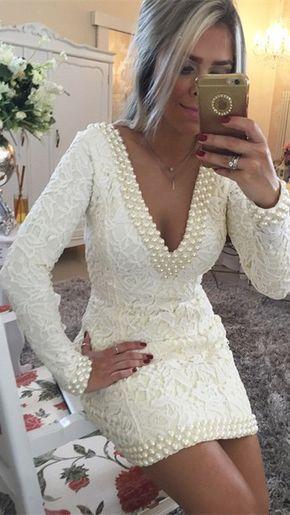 A-Line V-Neck Long Sleeves Short/Mini With Pearls Lace Makenna Homecoming Dresses Dresses CD352